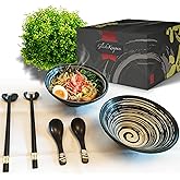 GlücksKompass Japanese Ramen Bowl Set made of ceramic (8 pcs) with chopsticks, ceramic spoons, large 8 inches diameter, 32 oz (1 quart) | Pho Bowls Noodle Soup Bowl Asian Rice Bowl Chinese Bowl Thai