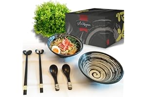GlücksKompass Japanese Ramen Bowl Set made of ceramic (8 pcs) with chopsticks, ceramic spoons, large 8 inches diameter, 32 oz