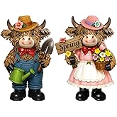 Burbell 2 Pcs Highland Cow Figurines Decor Spring Highland Cow Gnomes with Flowers Cute Romantic Brown Calf Resin Statue Gardener Gifts for Home Garden Kitchen Office Tiered Tray Table Decor