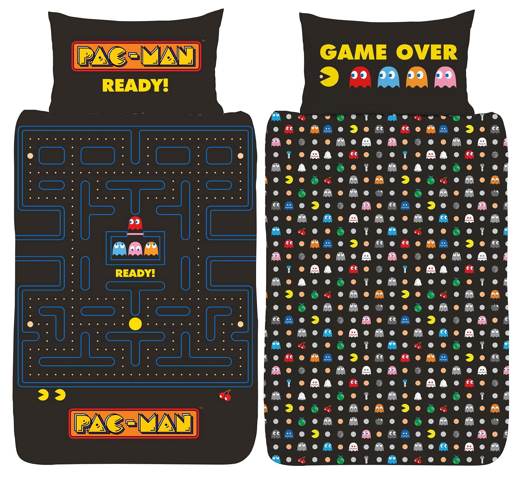 Pac Man Single Duvet Cover - Maze Design - Officially Licensed Reversible Bedding Set with Matching Pillow Case