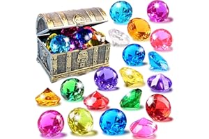 EnriQ Diving Gems Pool Toys, 18 Big Colorful Acrylic Diamond with Pirate Treasure Chest Underwater Gem Acrylic Diamond Shaped Gemstones for Treasure Hunt Game Home Table Party Decor Vase Fillers