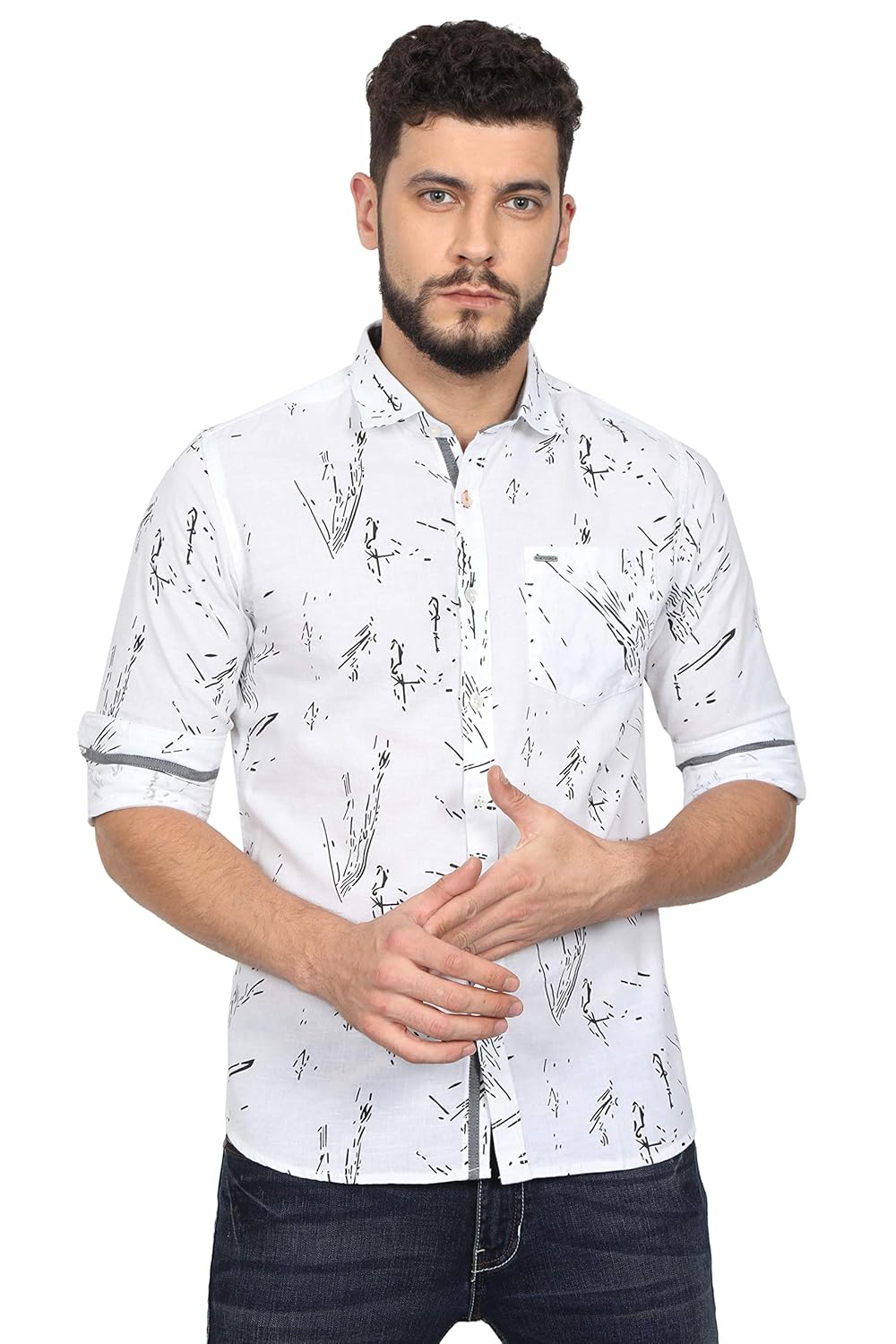 Imyoung Im Young Men S Grey White Color Cotton Linen Printed Shirt