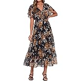Simplee Womens Floral Boho Maxi Dress Summer Beach Wedding Guest V Neck Ruffle Sleeve Long Flowy Dresses