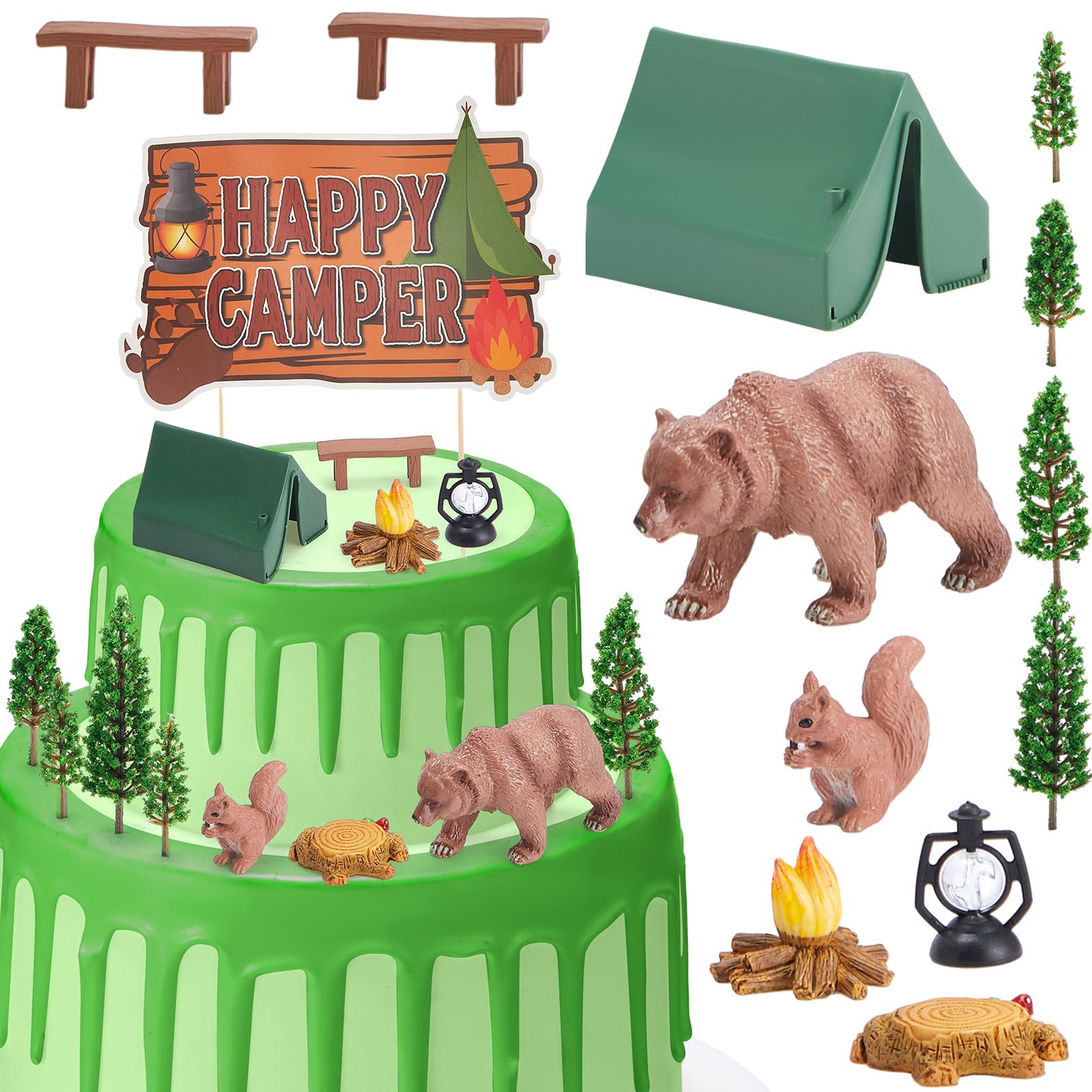 Kit Decoração Bolo Acampamento - 16 Peças Temático Floresta | Para Festas Infantis E Aniversários