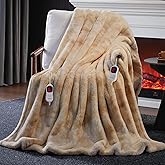 Guohaoi Heated Blanket Electric Throw, Soft Faux Rabbit Fur Electric Blanket with 10 Heating Levels 5 Sitting Timer Auto Off, Dual-Controller Heating Blankets, Machine Washable(84"×90" Beige)