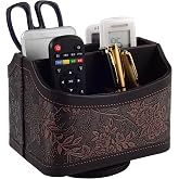 Antique Leather Remote Control Holder 360 Degree Spinning,Desk Rotating Organizer/Caddy for TV Remote Controllers,Pen,Calculator Media Player,DVD,Office Supplies,Mobile Phone Storage Box (Retro)