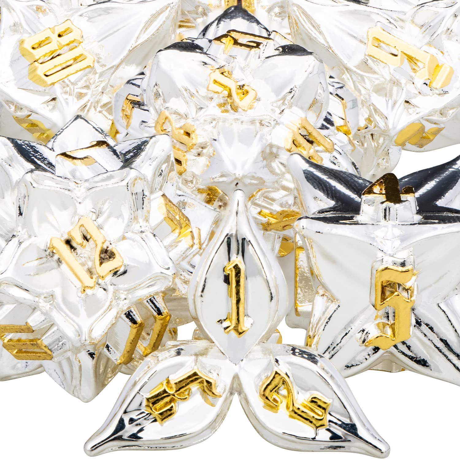 ARUOHHA DND Metal Dice Set Silvery Leaf Golden Numbers Design Polyhedral Dragons Dice with Box, 7PCS Dungeons D and D Dice RPG Role Playing Games D20 D12 D10 D8 D6 — image 1