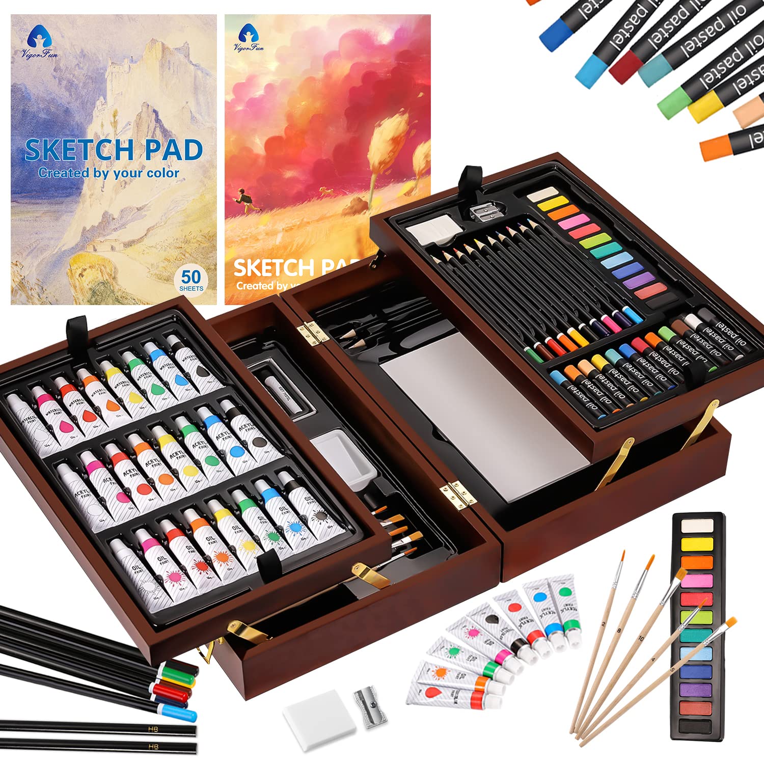 VigorFun Art Supplies, Deluxe Wooden Art Set Crafts Drawing Painting Kit with 2 Sketch Pads, Oil Pastels, Acrylic, Watercolor Paints, Creative Gifts Box for Adults Artist Kids Teens Girls