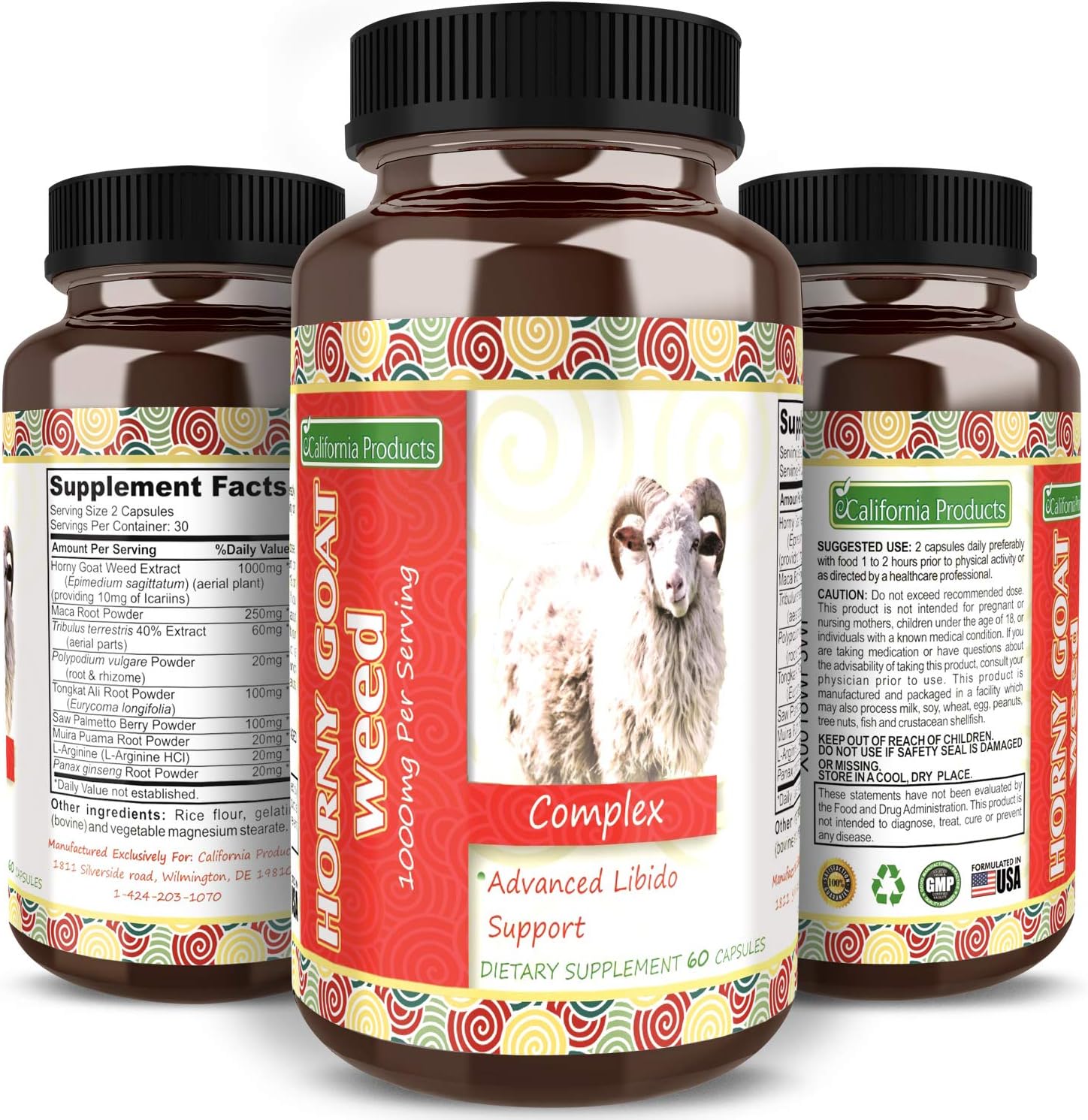 California Products' Horny Goat Weed Supplement for Men & Women with Maca Root Pure Ginseng and Saw Palmetto, Boost Energy Stamina and Drive – Improve Physical Performance and Recovery 60 Capsules