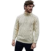 SAOL 100% Merino Wool Mens Zip Neck Sweater Irish Fisherman Cable Knit Winter Outdoor Pullover Aran Jumper