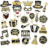 30 Pcs New Year's Eve 2026 Photo Booth Props Glitter Black Gold Photo Booth Props for Happy New Year Eve Party Decorations Supplies