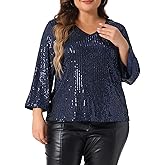 Agnes Orinda Plus Size Sequin Top for Women 3/4 Sleeve V Neck Glitter Sparkle Shimmer Party Disco Club Concert Outfits
