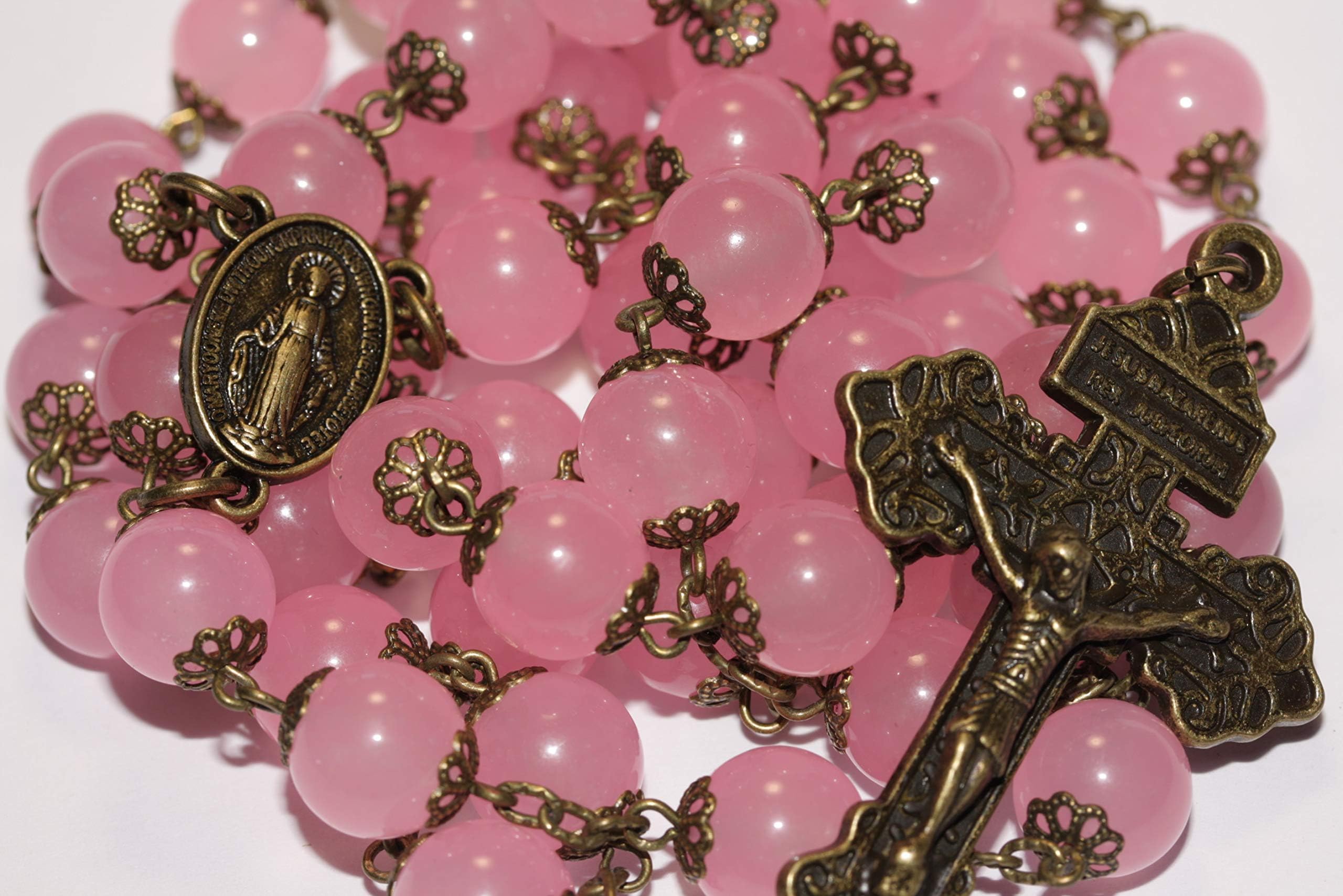 Large Rose Quartz and Bronze Rosary with Pardon Crucifix made in Oklahoma