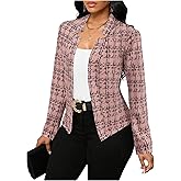 SOLY HUX Women's Plaid Tweed Blazer Elegant Open Front Long Sleeve Business Work Suit Jackets