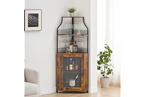 dainslef Corner Wine Bar Rack Cabinet with Detachable Wine Rack, Bar Cabinet with Glass Holder, Small Sideboard and Buffet Cabinet with Mesh Door (Retro Brown)