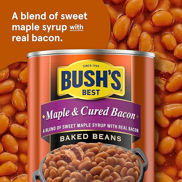 BUSH’S BEST 16 OZ CANNED MAPLE CURED BACON BAKED BEANS SOURCE OF PROTEIN AND FIBER, LOW FAT, GLUTEN FREE, (PACK OF 12)