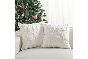 Lewondr Christmas Throw Pillow Cover 18x18, Set of 2 Super Soft Faux Fur Pillow Covers Velvet 3D Christmas Tree Reindeer Embroidery Square Throw Pillowcase for Living Room Bed Sofa Home Decor, White