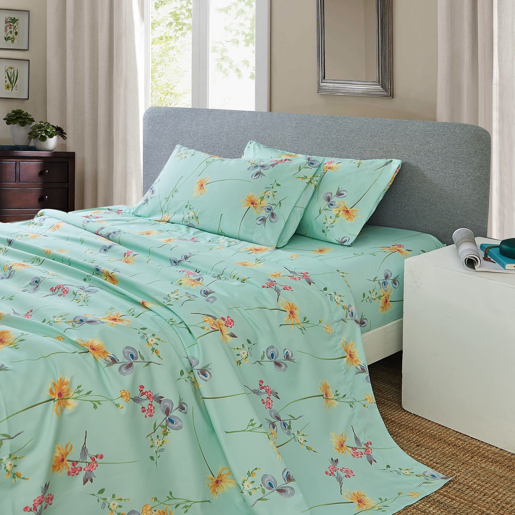 JSD Green Floral Printed Sheet Set Queen, 4 Piece Soft Brushed Microfiber Sheets Deep Pocket — image 1