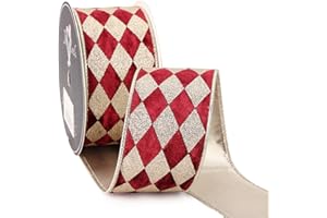 MAYREEL Burgundy Crushed Velvet Wired Ribbon 2.5 Inch Christmas Ribbon with Gold Diamond Lattice Glitter, 10-Yard Roll for Christmas Tree, Wreaths, Crafts, Garlands, Bows & Elegant Holiday Décor
