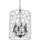 Large Farmhouse Chandelier with Metal Cage Frame andCircle Designs, 12-Light Hanging Pendant Chandelier with Metallic Finish