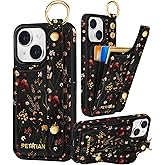 Petitian for iPhone 14/13 Case with Wallet - Women Girls Cute Girly Aesthetic Unique Design Leather Credit Card Holder Cardholder Stand Wristband for iPhone 14/13, Grow Flower
