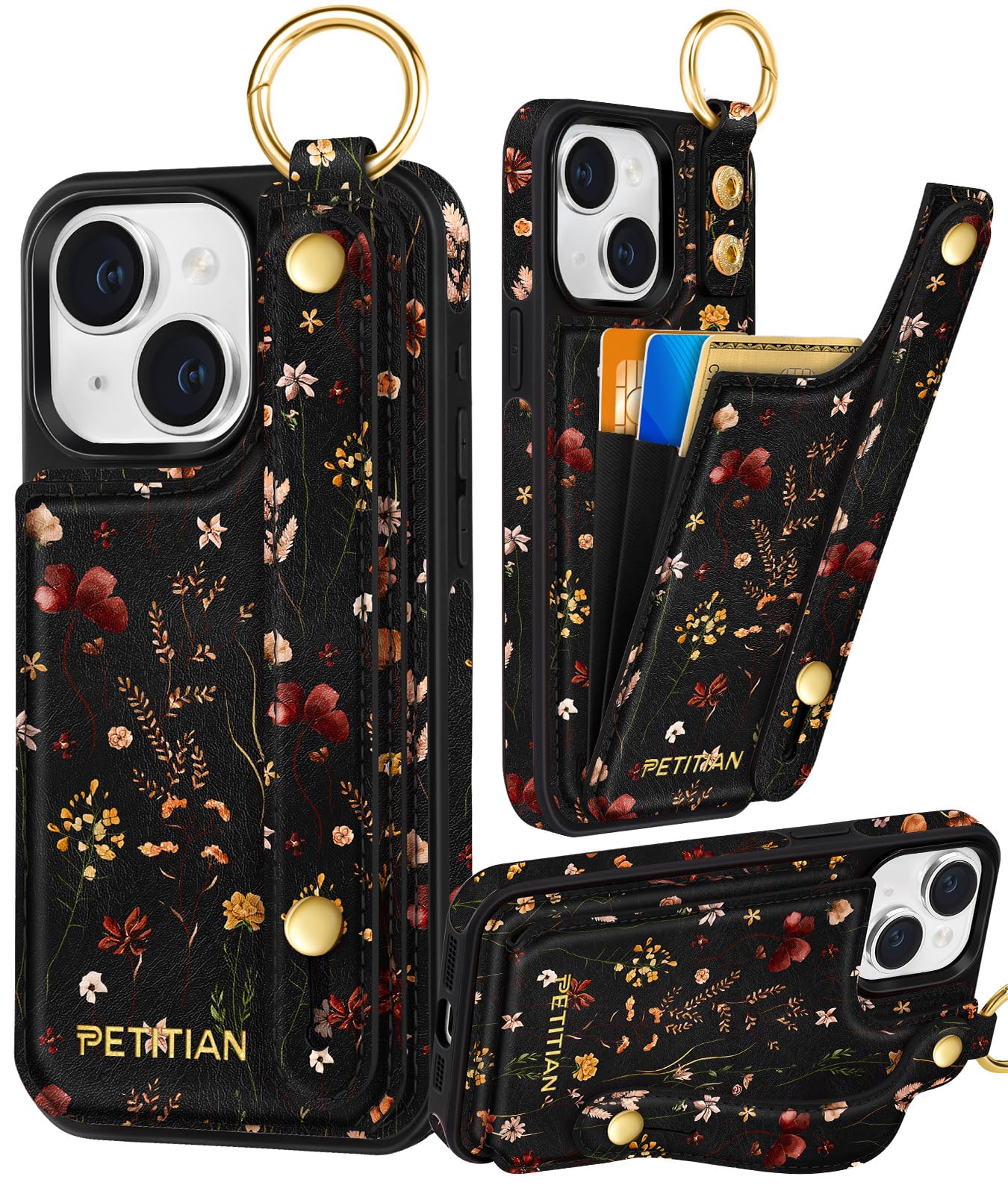 Petitian for iPhone 14/13 Case with Wallet - Women Girls Cute Girly Aesthetic Unique Design Leather Credit Card Holder Cardholder Stand Wristband for iPhone 14/13, Grow Flower