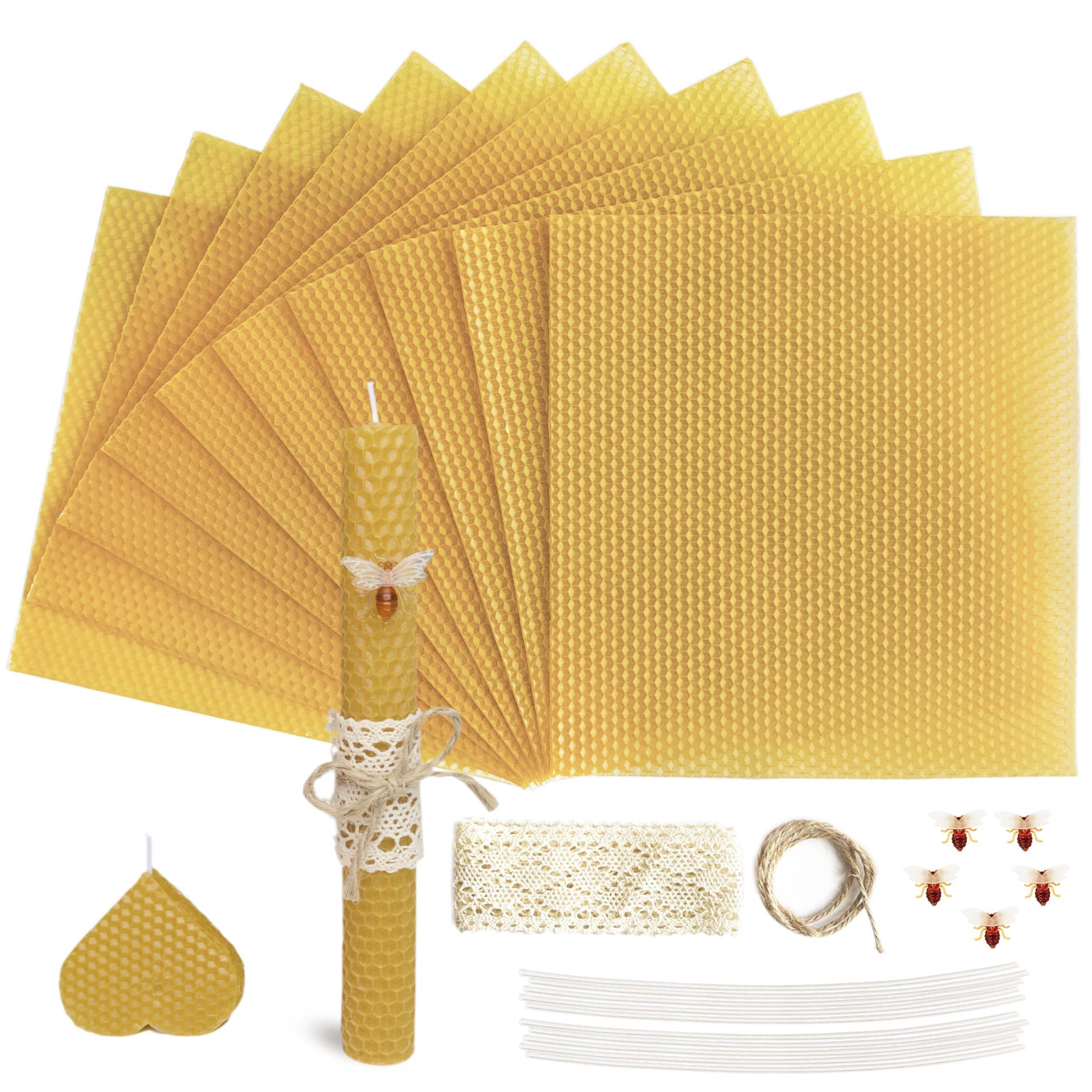 Photo 1 of Lacaser Beeswax Candle Making Kit, 10pcs 8"x 8" 100% Beeswax Sheets for Candle Making -Include Bee Ornaments, Lace, Cotton Wicks & Hemp Rope, DIY Candles Making Supplies