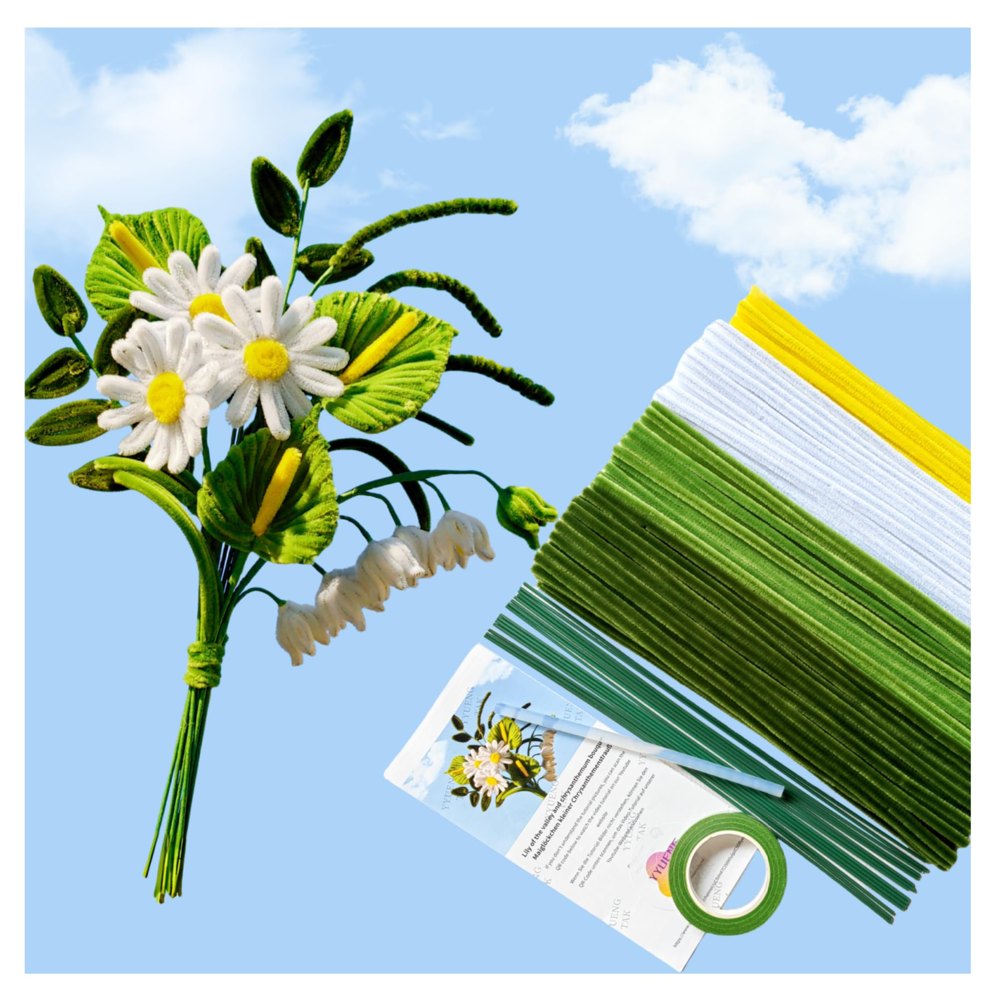 YYUENG TAK Gerbera Daisy Bouquet Set,200 pcs Pipe Cleaners for Craft Flowers,Pipe Cleaner Flowers Craft kit(with tutoria,15 pcs Green Floral Wires,Gardening Tape)