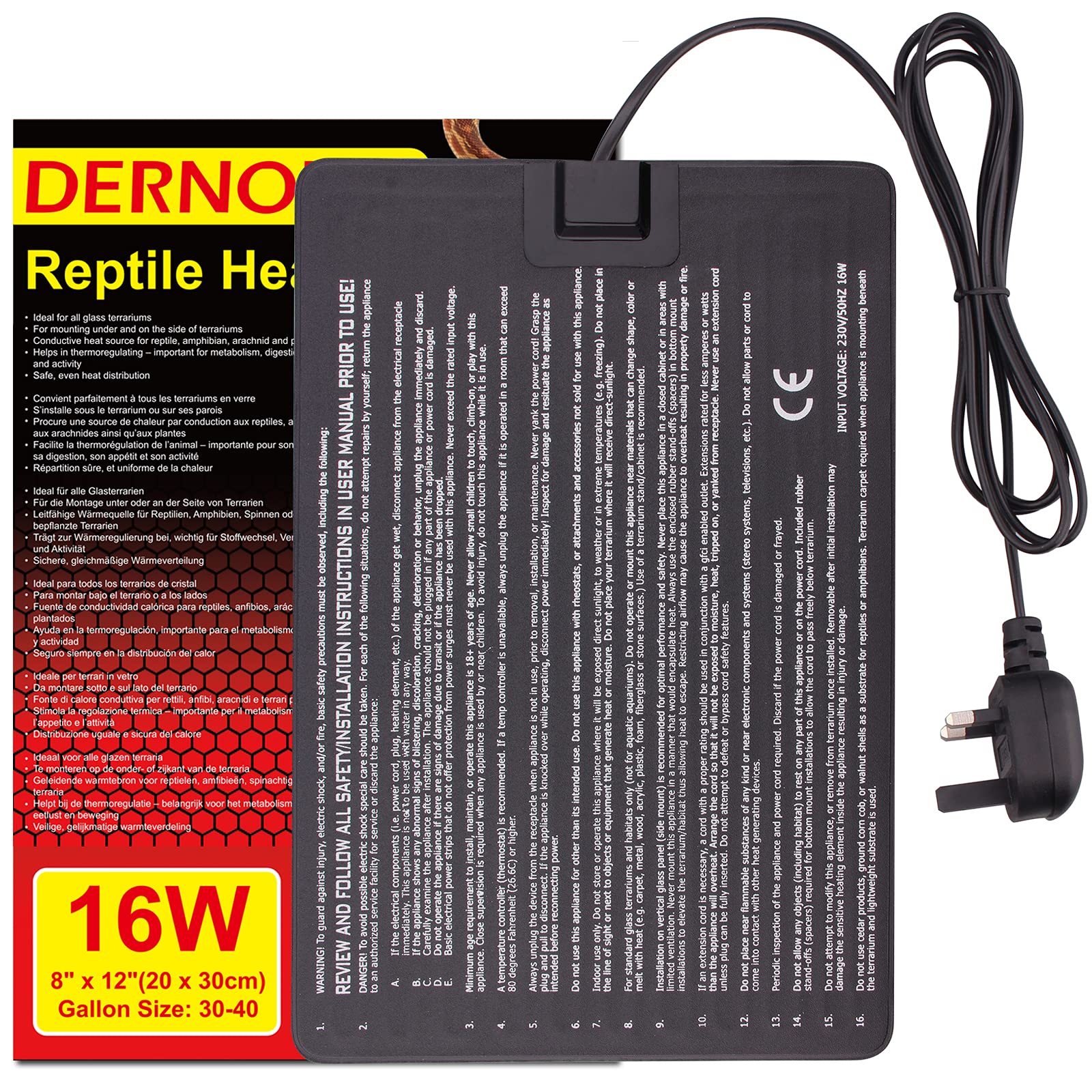 DERNORD Heat Mat Reptile 16W - Heating Pad Reptile for Snake Terrarium Vivarium Bearded Dragon Bird Heater Tortoise Accessories