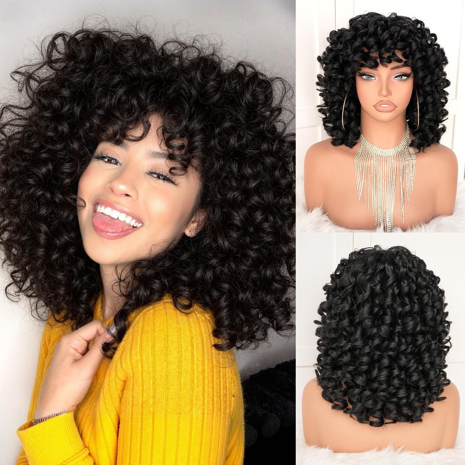 ISAMY 14 Inch Short Curly Wigs for Black Women Afro Kinky Curly Wigs with Bangs Big Bouncy Loose Cute Curly Fluffy Wavy Synthetic Hair (Black)