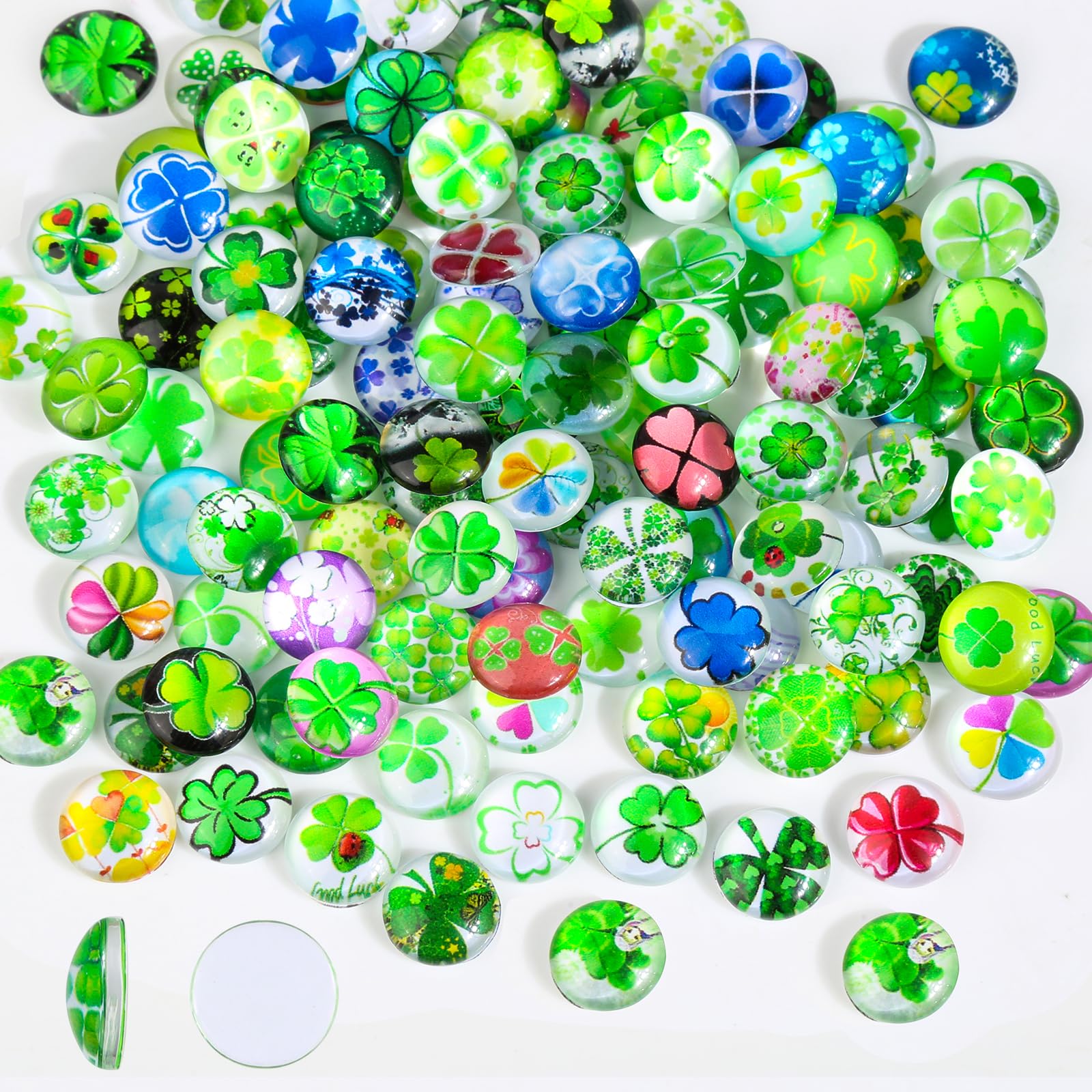 Pack of 120 Four-Leaf Clover Flatback Glass Cabochons, 12 mm Clover Lucky Charm Glass Stones, Small Lucky Charms for DIY Crafts, Earrings, Pendants, Home Decoration