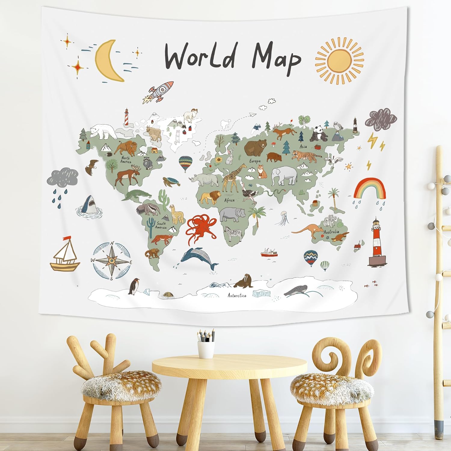 Tapestries - Imirell World Map Kids Tapestry 59Wx51H Inches Cartoon Animal Educational Learning Tool Adventure Green Rainbow Cute Plant Wild Art Hanging Bedroom Living Room Dorm Wall Blankets Home Decor Fabric