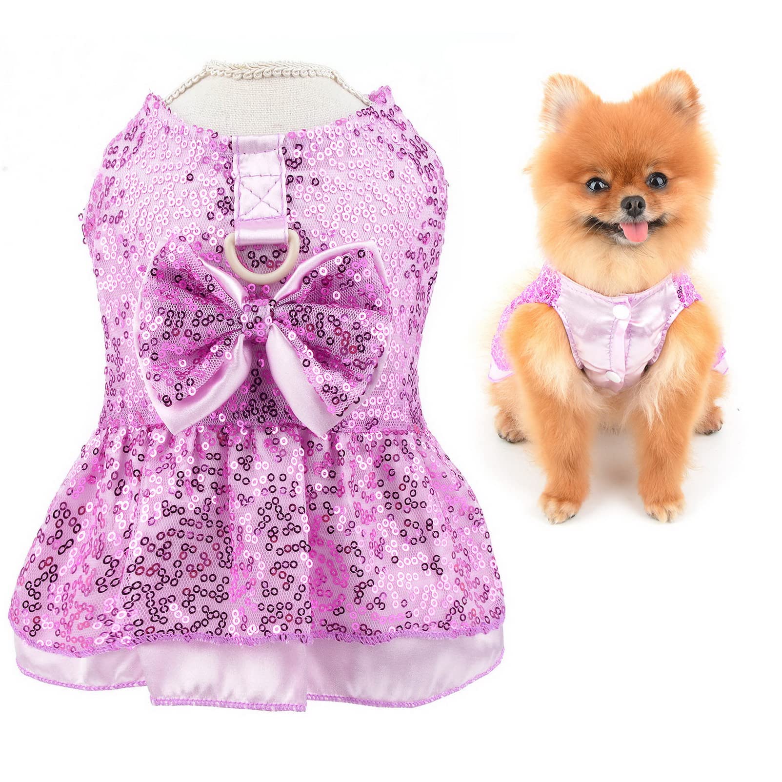 SMALLLEE_LUCKY_STORE Metallic Sequins Dog Harness Dress, Cute Bow Pet Wedding Party Formal Dress for Small Dog Cat Girls with D-ring Puppy Skirt Yorkie Chihuahua Summer Clothes,Fuchsia,XS