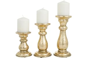 Deco 79 Mango Wood Decorative Candle Holder Turned Style Pillar Candle Stand, Set of 3 Candlestick Holder 10", 8", 6"H, Gold