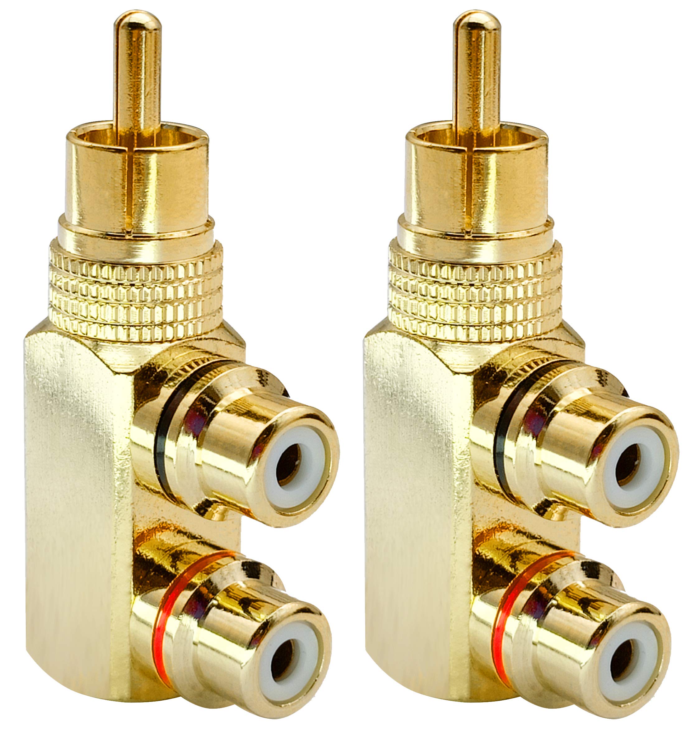 AAOTOKK RCA Y Splitter Adapter,Gold-Plated 90 Degree Right Angle RCA Male to 2 RCA Female Jack Audio Video Y Splitter AV TV Adapters Metal Connector (2 Pack/1to2)