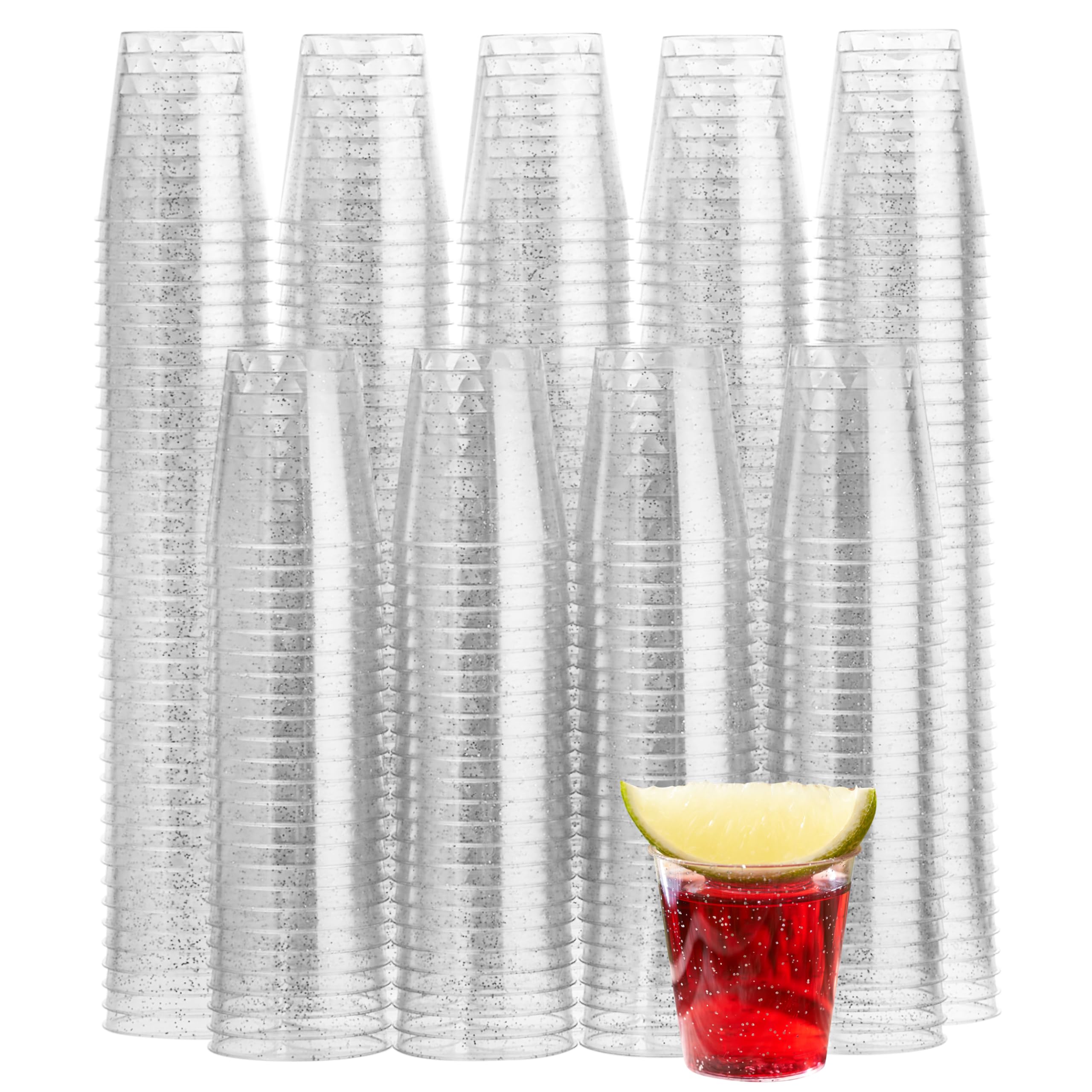 MATANA 300 Plastic Shot Glasses, Silver Glitter (30ml / 1oz) - Reusable - Shot Glasses Plastic, Shot Glass, Jelly Shots, Sample Tasting Cups - Shot Cups for Parties, Birthdays, Weddings, Hen Parties