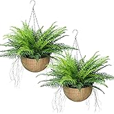PABREY 2 Set Artificial Hanging Ferns Planters, Outdoor Fake Hanging Plants, UV Resistant Realistic Faux Ferns Plants Greenery for Front Porch Patio Garden Home Décor