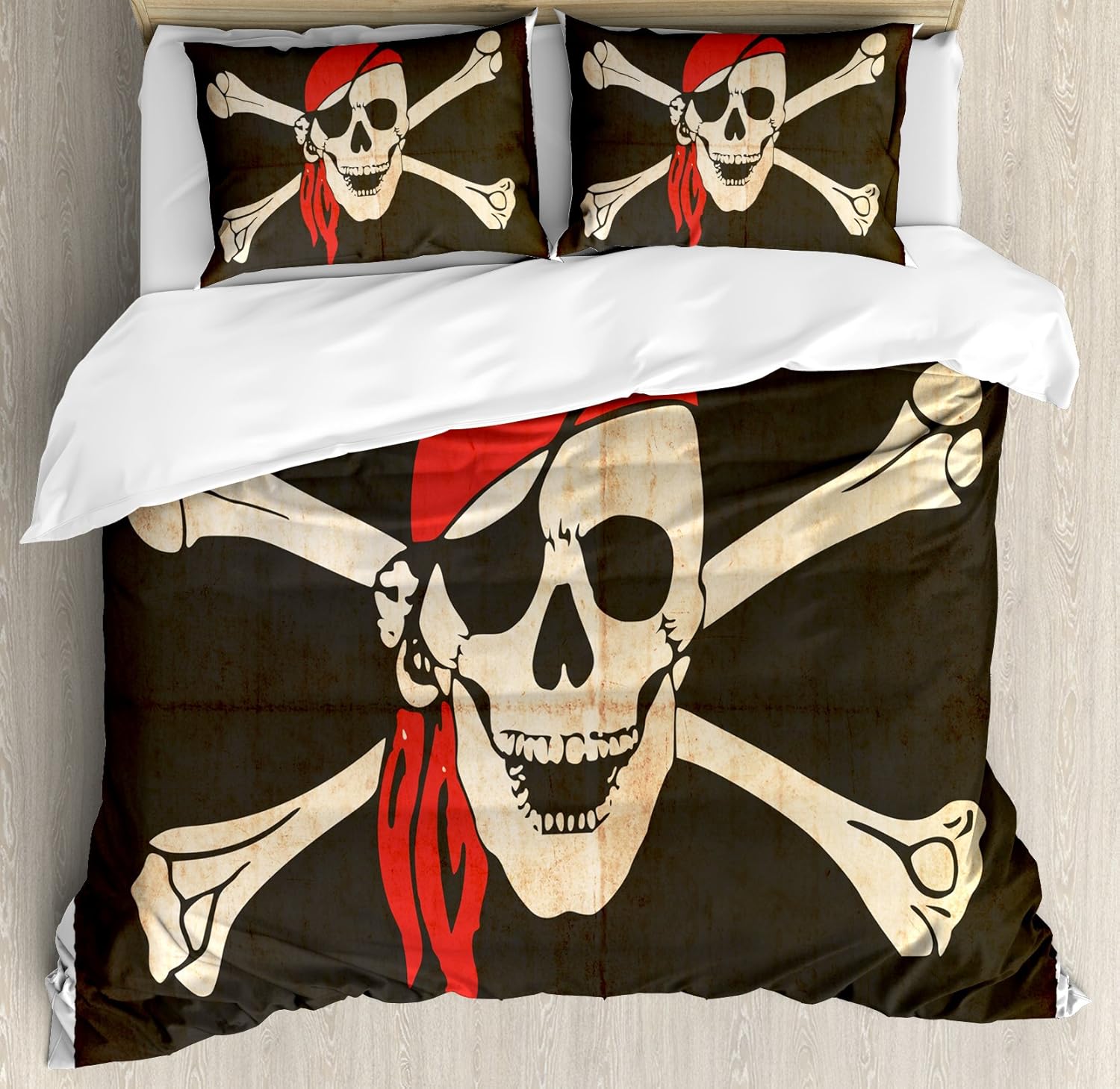Ambesonne Pirate Duvet Cover Set Queen Size, Flag of Tierra del Fuego Argentina in Grunge Antique Historical, Decorative 3 Piece Bedding Set with 2 Pillow Shams, Army Green Beige Vermilion