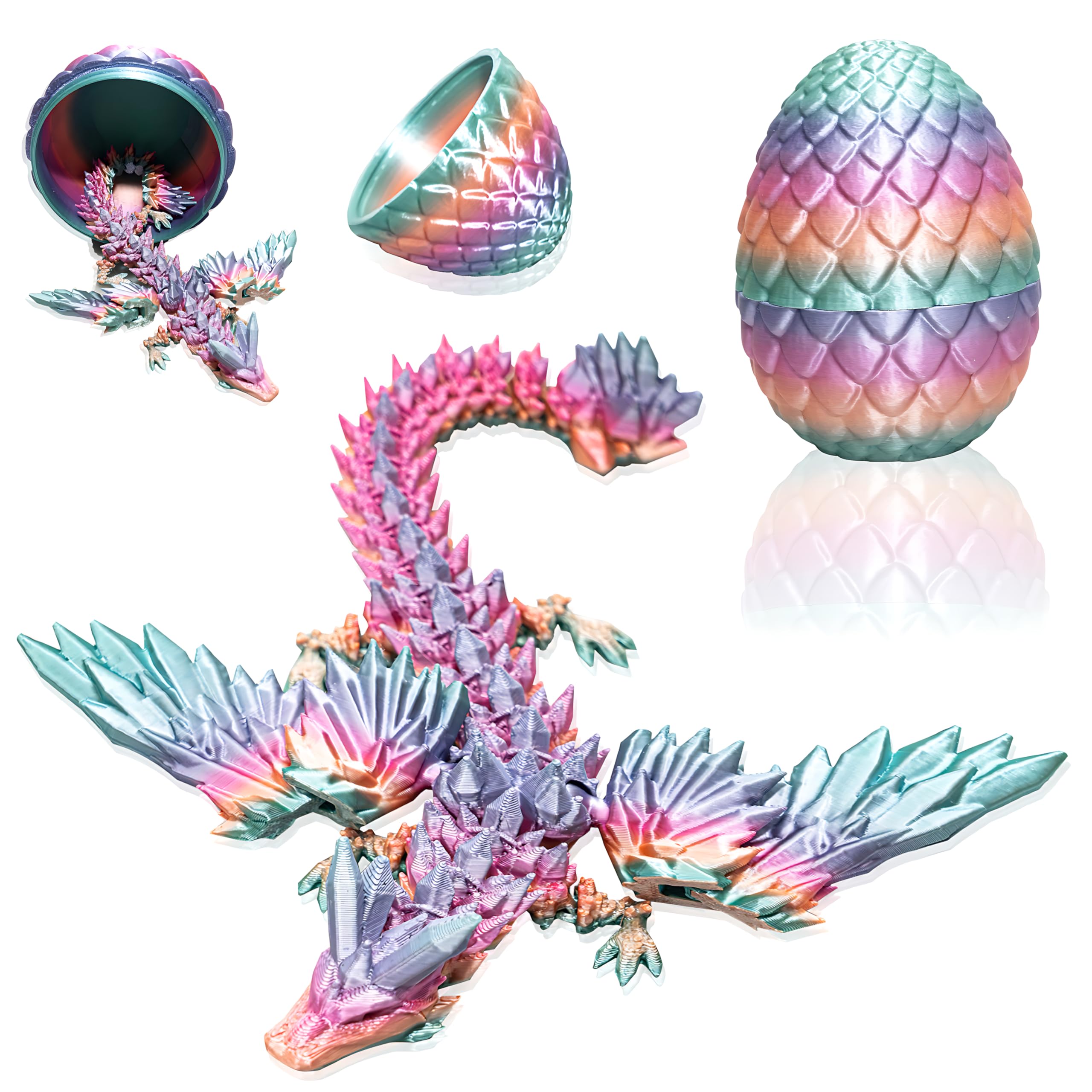 SOLOVANI 3D Dragon Egg Toy for Kids, 3D Printed Poseable & Detachable Dragon Inside Crystal Egg, Educational STEM Building Gift for kids, Magic Fantasy Birthday & Christmas & Easter Present(rainbow)