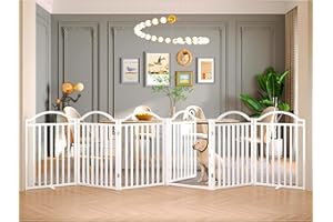 BHG Metal No-Assembly Freestanding Dog Gate with Door Walk Through, Extra Wide 144", Extra Tall 32" Pet Gate, Accordion Puppy Folding Playpen Dog Fence for Indoor & Outdoor, with 2PCS Support - White