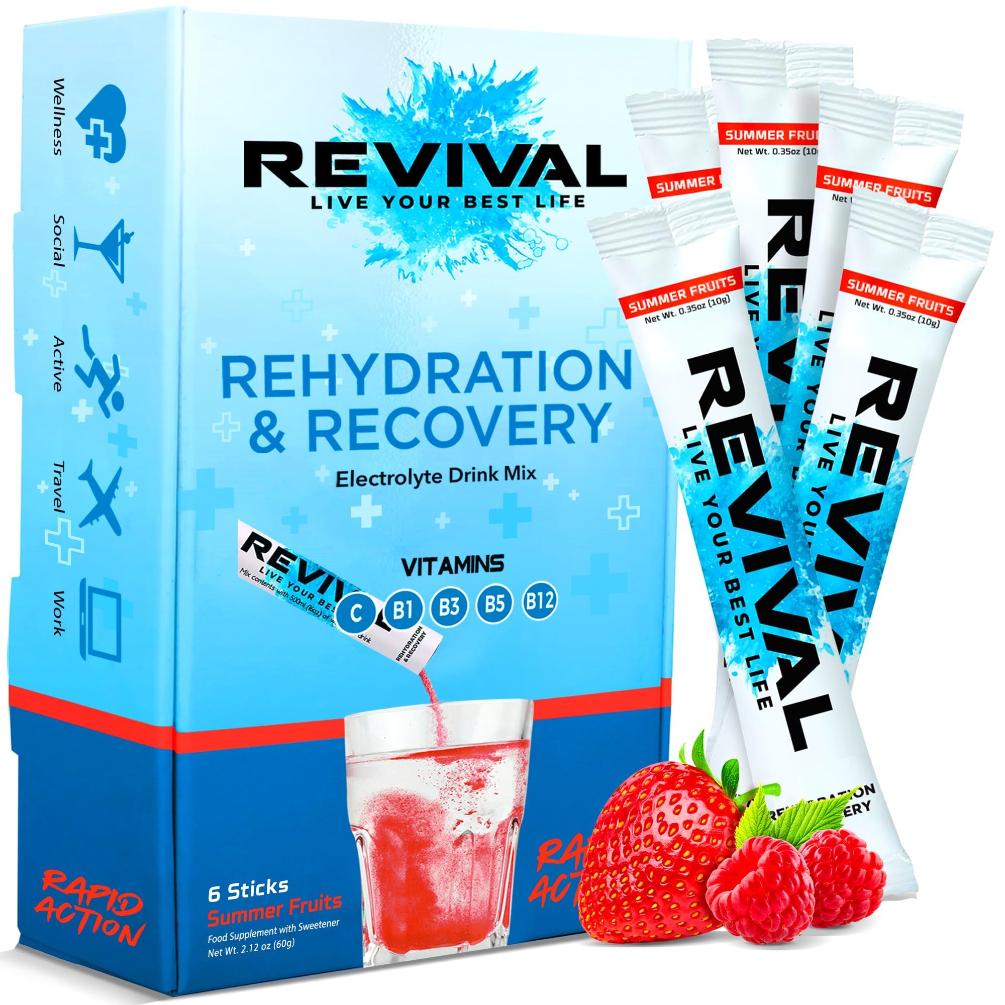 Revival Rapid Rehydration Electrolytes Powder - High Strength Vitamin C, B1, B3, B5, B12 Supplement Sachet Drink, Effervescent Electrolyte Hydration Tablets - 6 Pack Summer Fruits