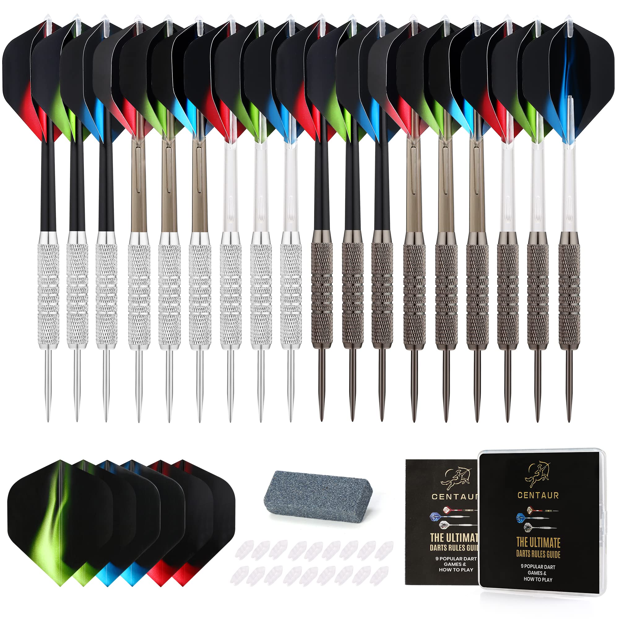 centaur 18 Pack Steel Tip Darts, Professional 18 Grams Metal Dart Set with 3 Color Premium PVC Shafts and 24pcs PET Flights and Dart Case, Beginner or Professional Darts