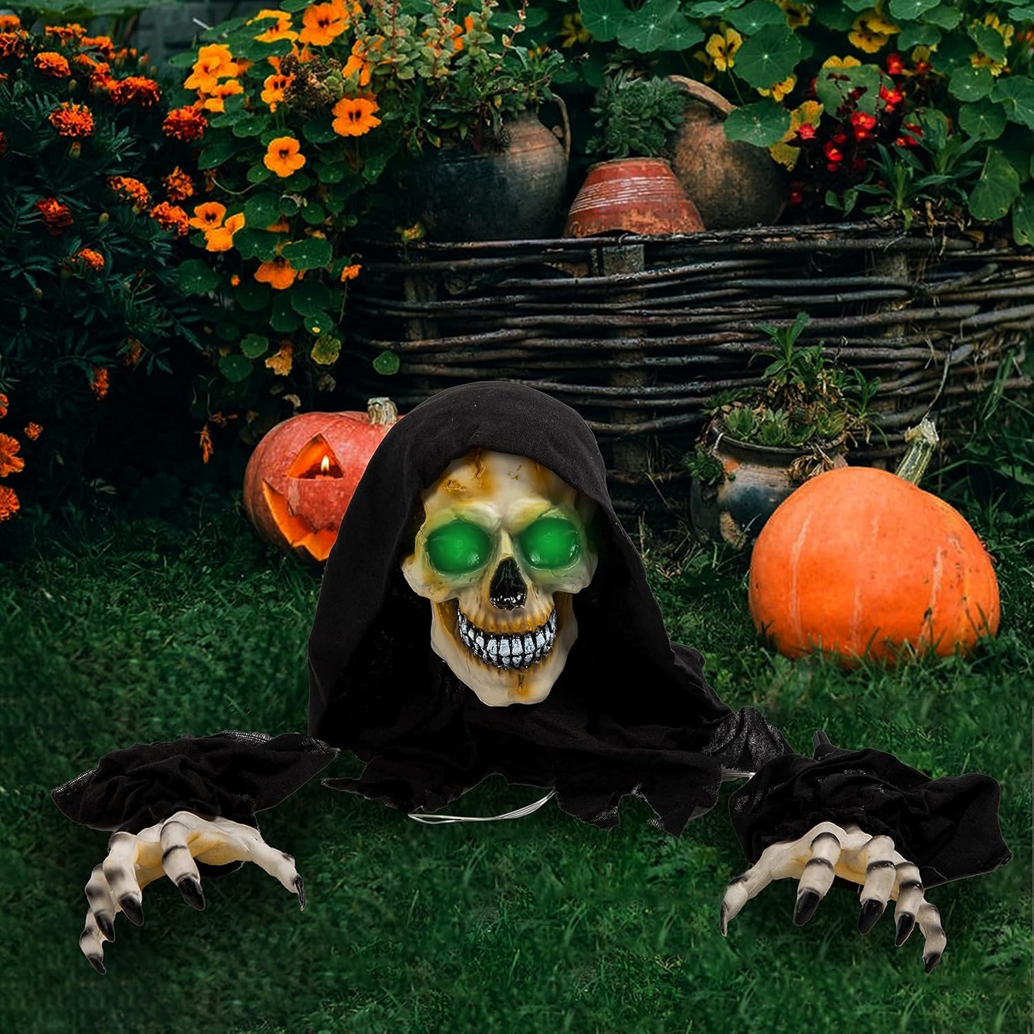 Decorative Garden Stakes - JOYIN Halloween Grim Reaper Groundbreaker Decoration, Grim Reaper Yard Stake with LED Eyes, Light-up Hands Creepy Sound for Halloween Outdoor, Lawn, Yard, Patio Decoration, Haunted House Decorations