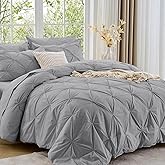 Sasttie Queen Comforter Set, 7-Piece Bed in a Bag, Pintuck Bedding Sets for All Season, Includes Comforter, Flat Sheet,Fitted Sheet, Pillowcases and Pillowshams, Light Grey