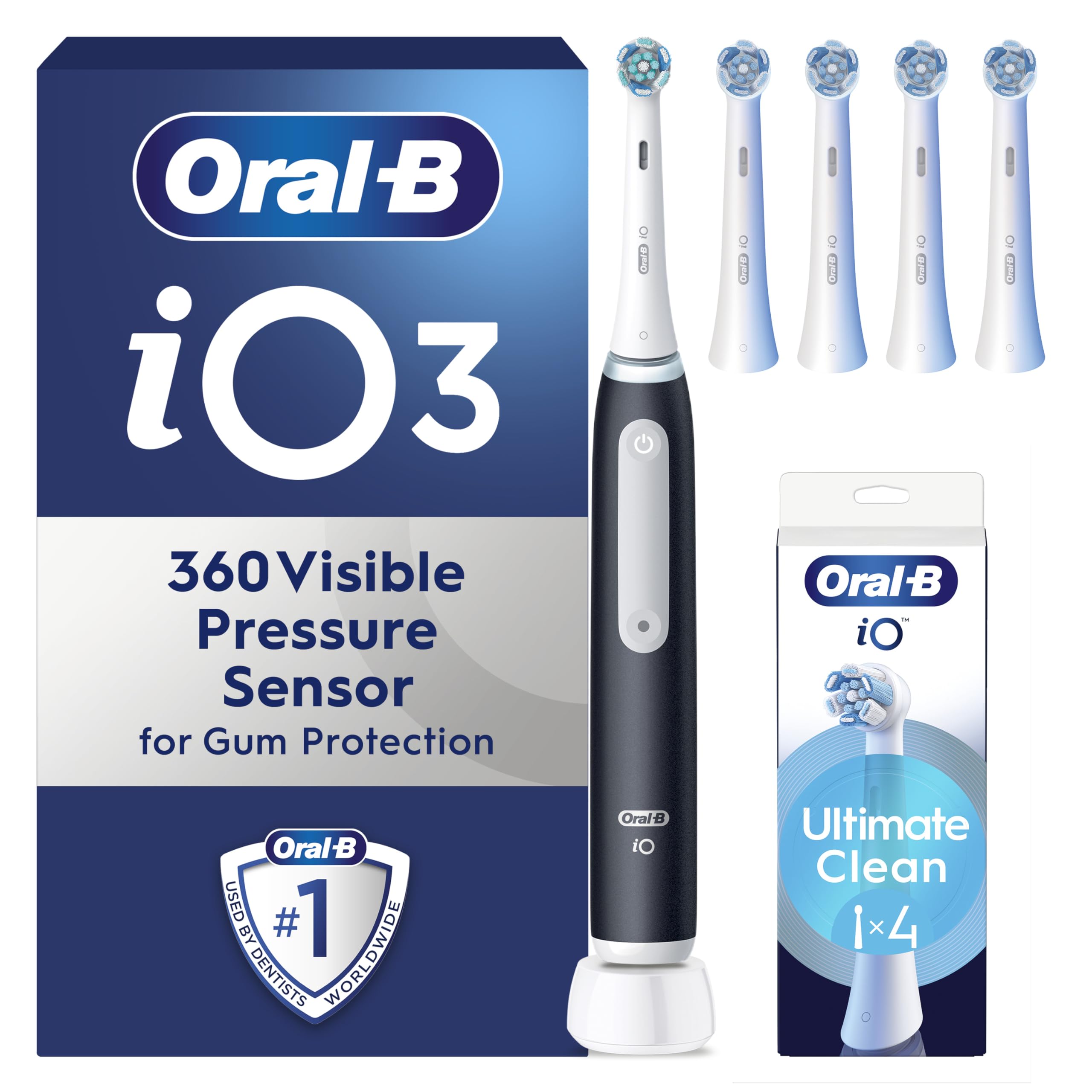 Oral-B iO3 Electric Toothbrushes Adults, 5 Toothbrush Heads, 3 Modes With Teeth Whitening, 2 Pin Plug, Black