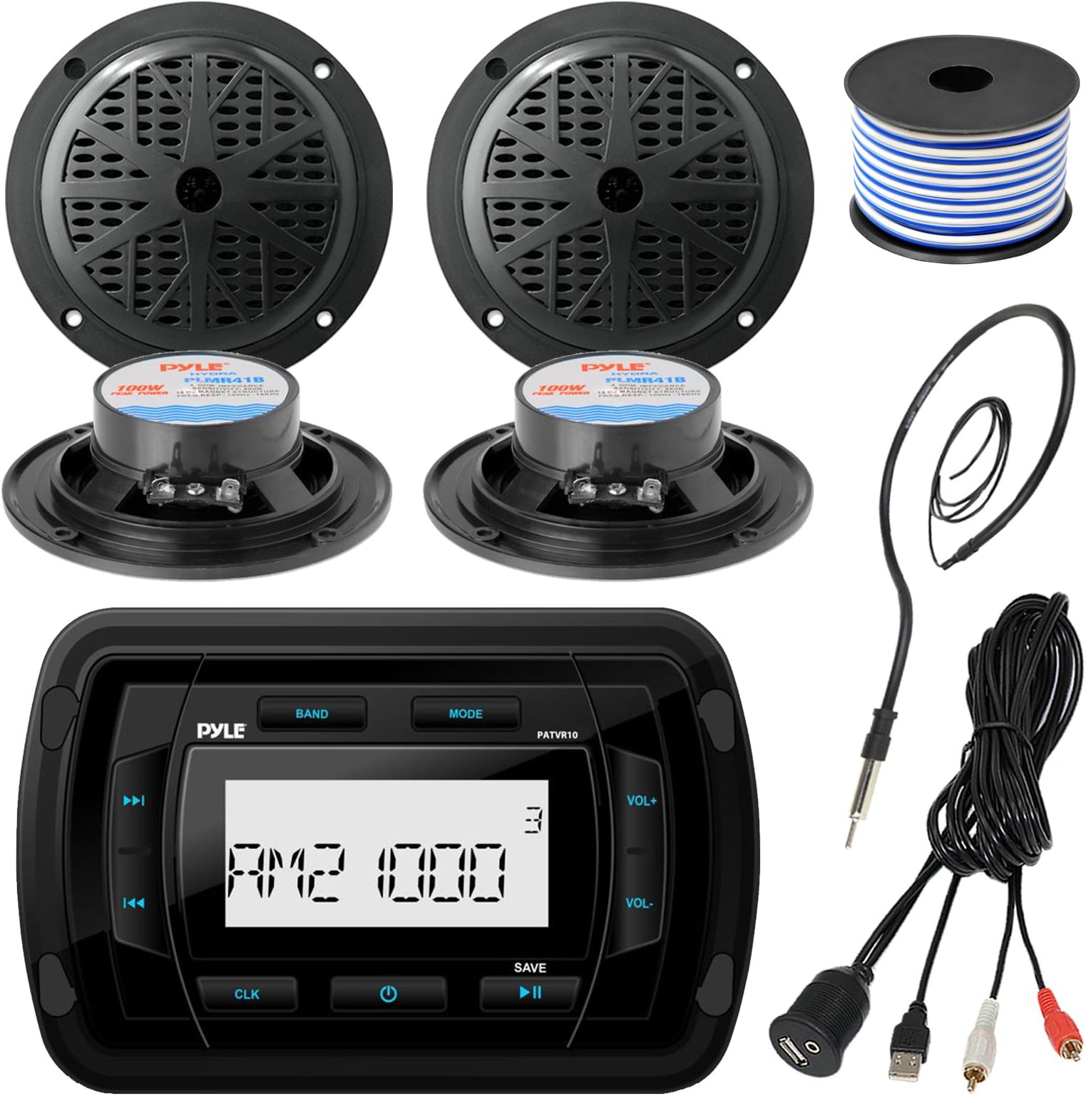 Pyle PATVR10 MP3 Bluetooth Marine Boat Yacht Stereo Receiver Bundle Combo with 4X Black 4'' Inch Dual Cone Waterproof Audio Speakers + Enrock Radio Antenna + USB/AUX to RCA Cable +18G 50-FT Wire