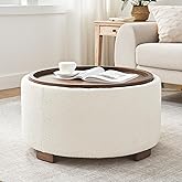 Zihanhome 30 Inch Round Storage Ottoman Coffee Table, Modern Boucle Ottoman with Lift-Off Lid and Solid Wood Legs for Living 