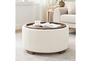 Zihanhome 30 Inch Round Storage Ottoman Coffee Table, Modern Boucle Ottoman with Lift-Off Lid and Solid Wood Legs for Living Room, Bedroom, Corners, Apartments (Beige)