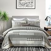 PANGUSHAN Quilt Set King Size,100% Cotton Quilt Bedspread Bedding Set,Grey(Gray)/Cream/Khaki Patchwork Plaid Farmhouse Rustic Reversible Lightweight Comforter Bed Cover King Bed,All Season,3 Pieces