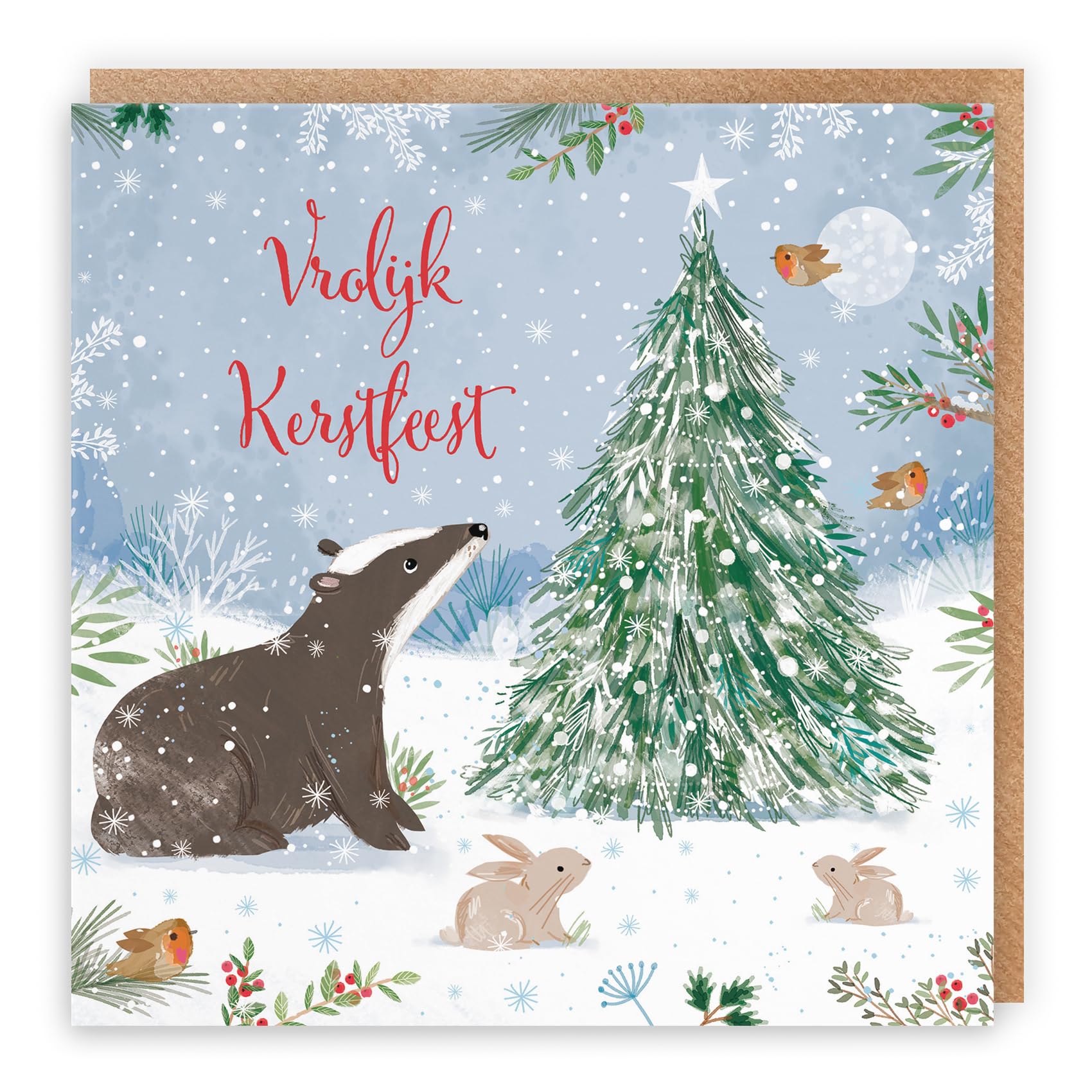 Hunts England - Badger Dutch Christmas Card - Nature's Treasures - Happy Animal Wildlife Dutch Language Merry Xmas Card - Robin, Rabbit - For Boys, Girls, Men, Women - Vrolijk Kerstfeest